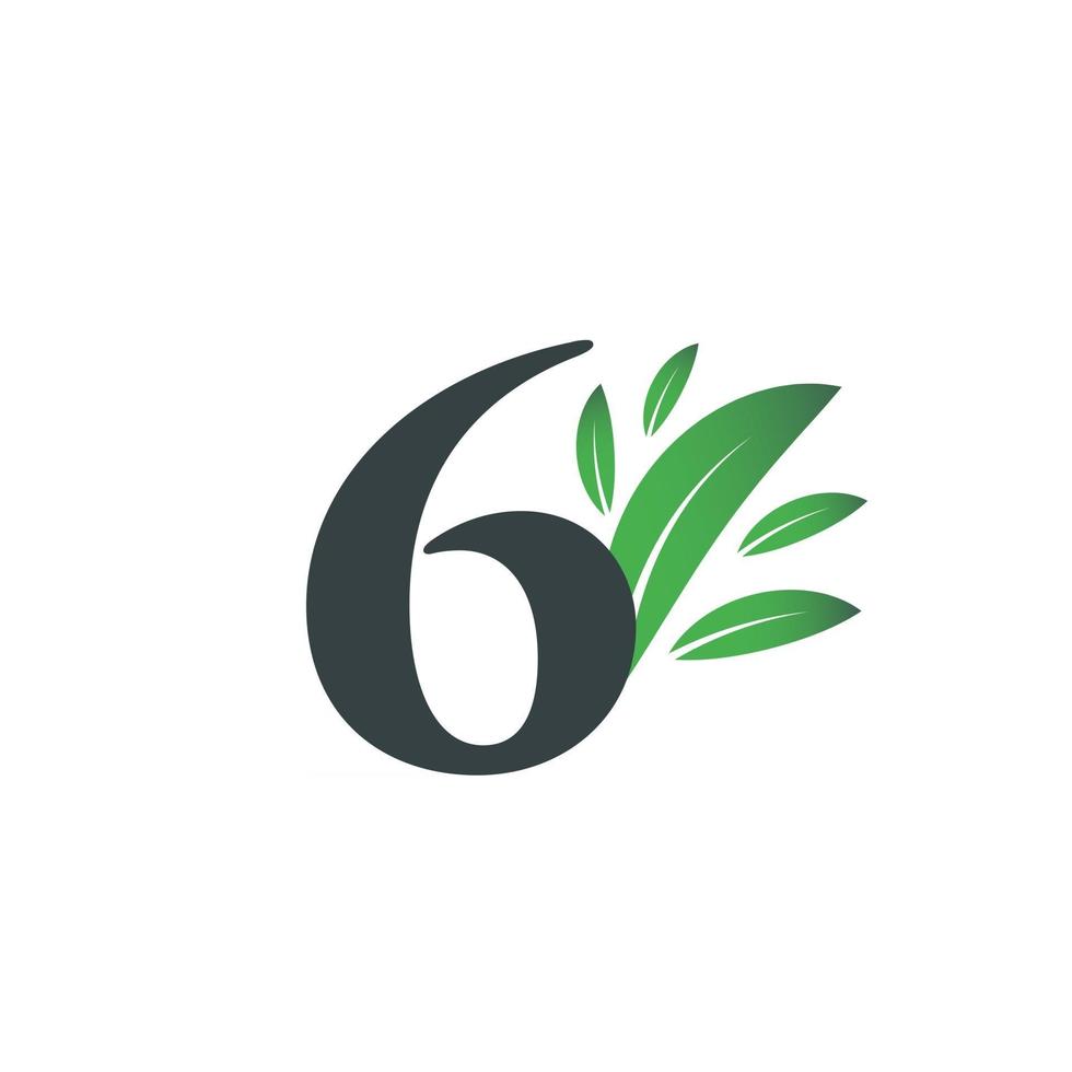 Number Six logo with green leaves. Natural number 6 logo. vector