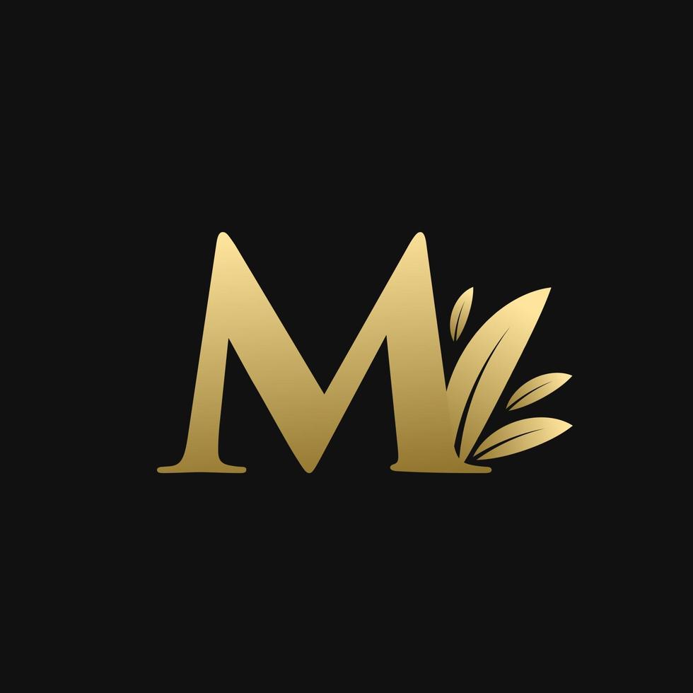 logotipo de hoja de letra inicial dorada m vector