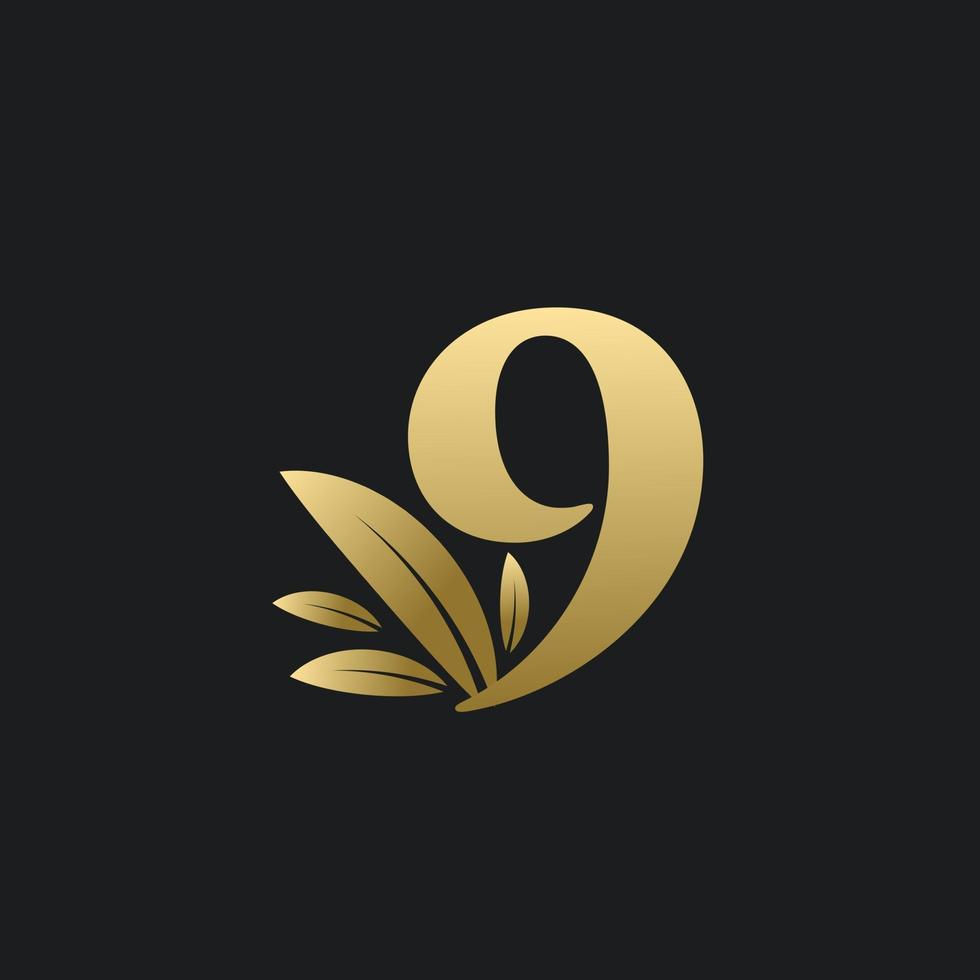 Logotipo de oro número nueve con hojas de oro. vector