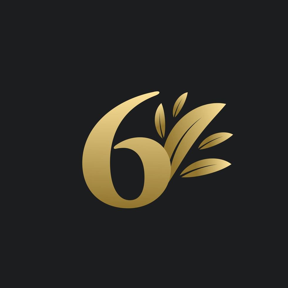 Golden Number Six logo with gold leaves. vector