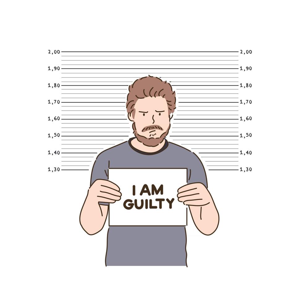 A criminal is holding a note paper in his hand and taking a mugshot photo. hand drawn style vector design illustrations.