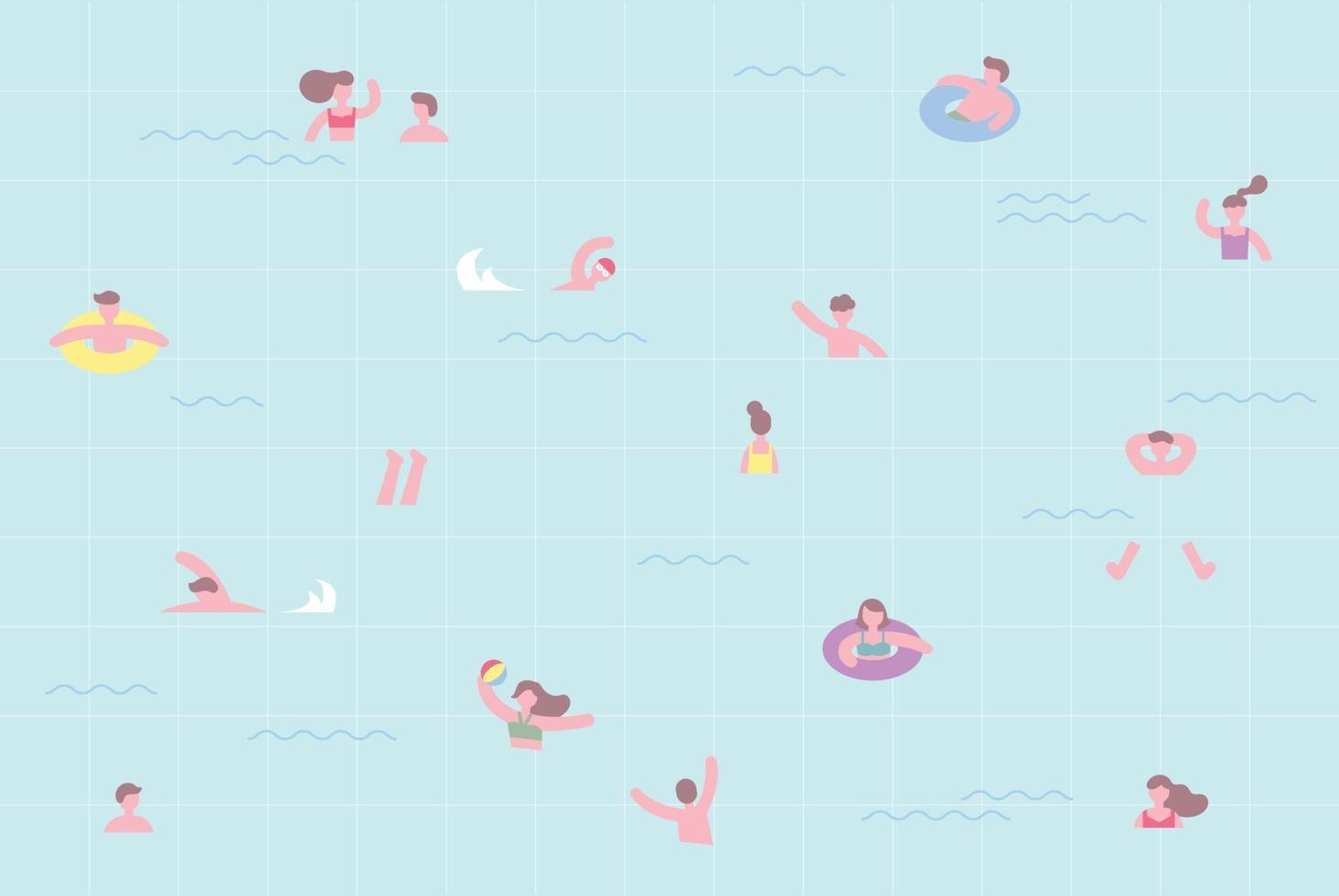 gente nadando en la piscina. Caracteres simples y pequeños de composición de patrones. Ilustración de vector mínimo de estilo de diseño plano.