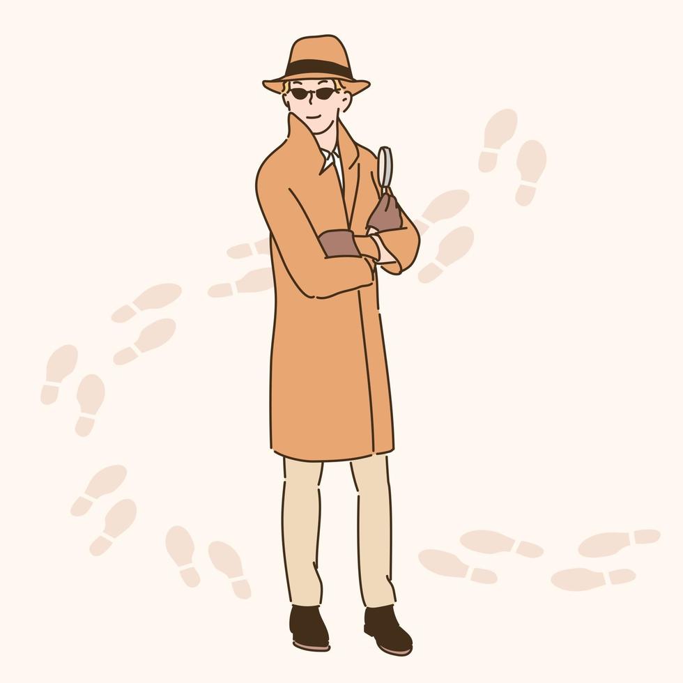 un detective vestido con un abrigo y sosteniendo una lupa. ilustraciones de diseño de vectores de estilo dibujado a mano.