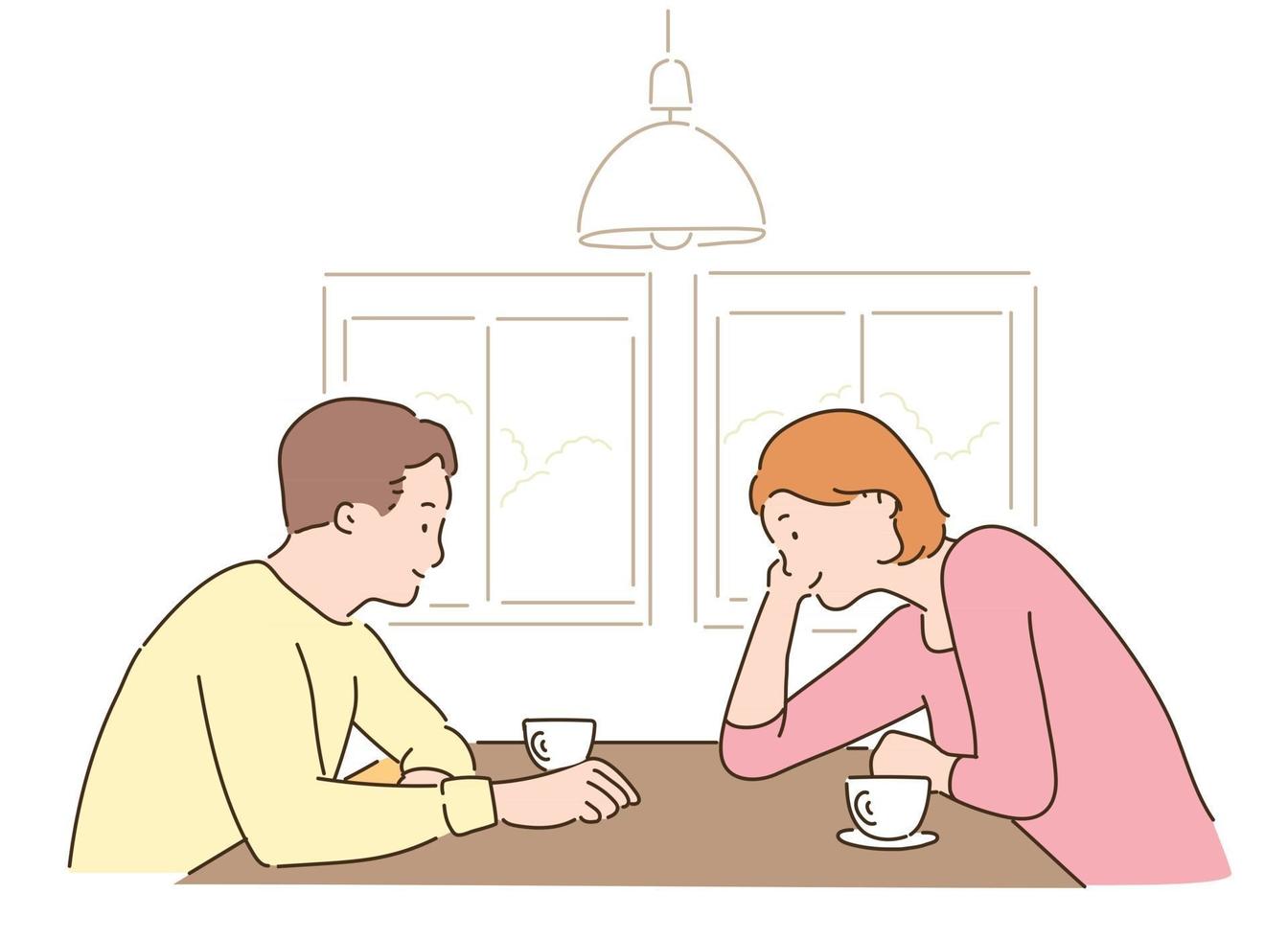 A couple is sitting facing each other and smiling. hand drawn style vector design illustrations.