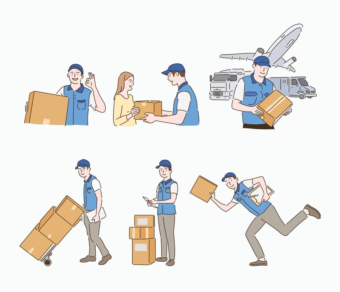 A delivery man is carrying a parcel and delivering it. hand drawn style vector design illustrations.