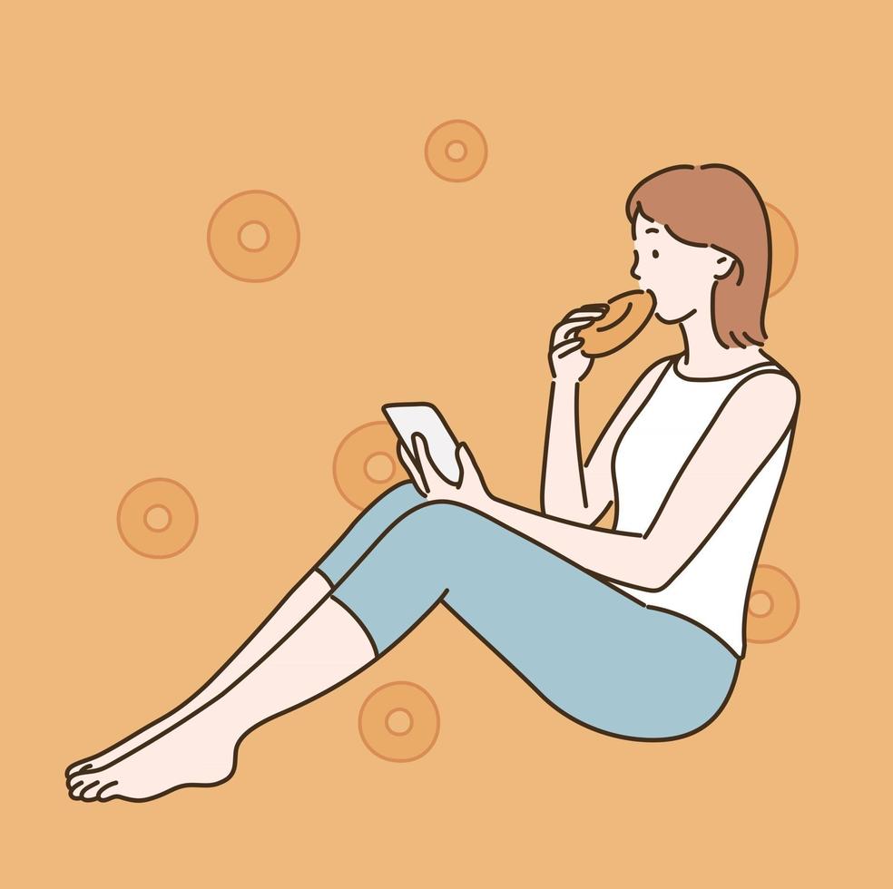 A girl is eating a donut while looking at her phone. hand drawn style vector design illustrations.