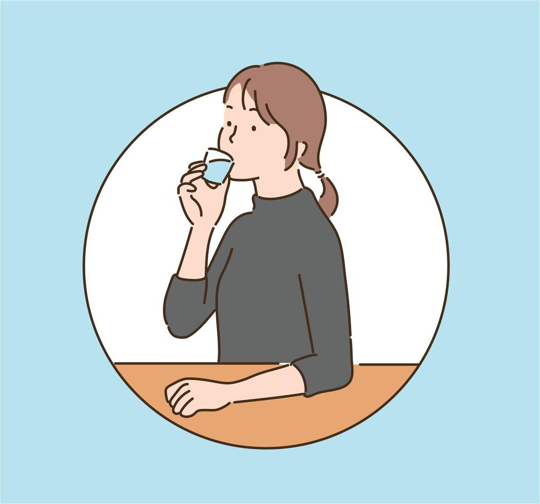 A woman is drinking from a small glass. hand drawn style vector design illustrations.