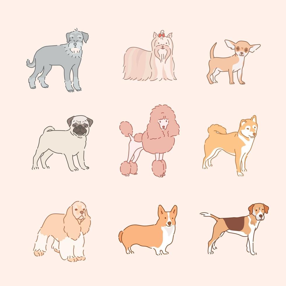 varias razas de perros. ilustraciones de diseño de vectores de estilo dibujado a mano.