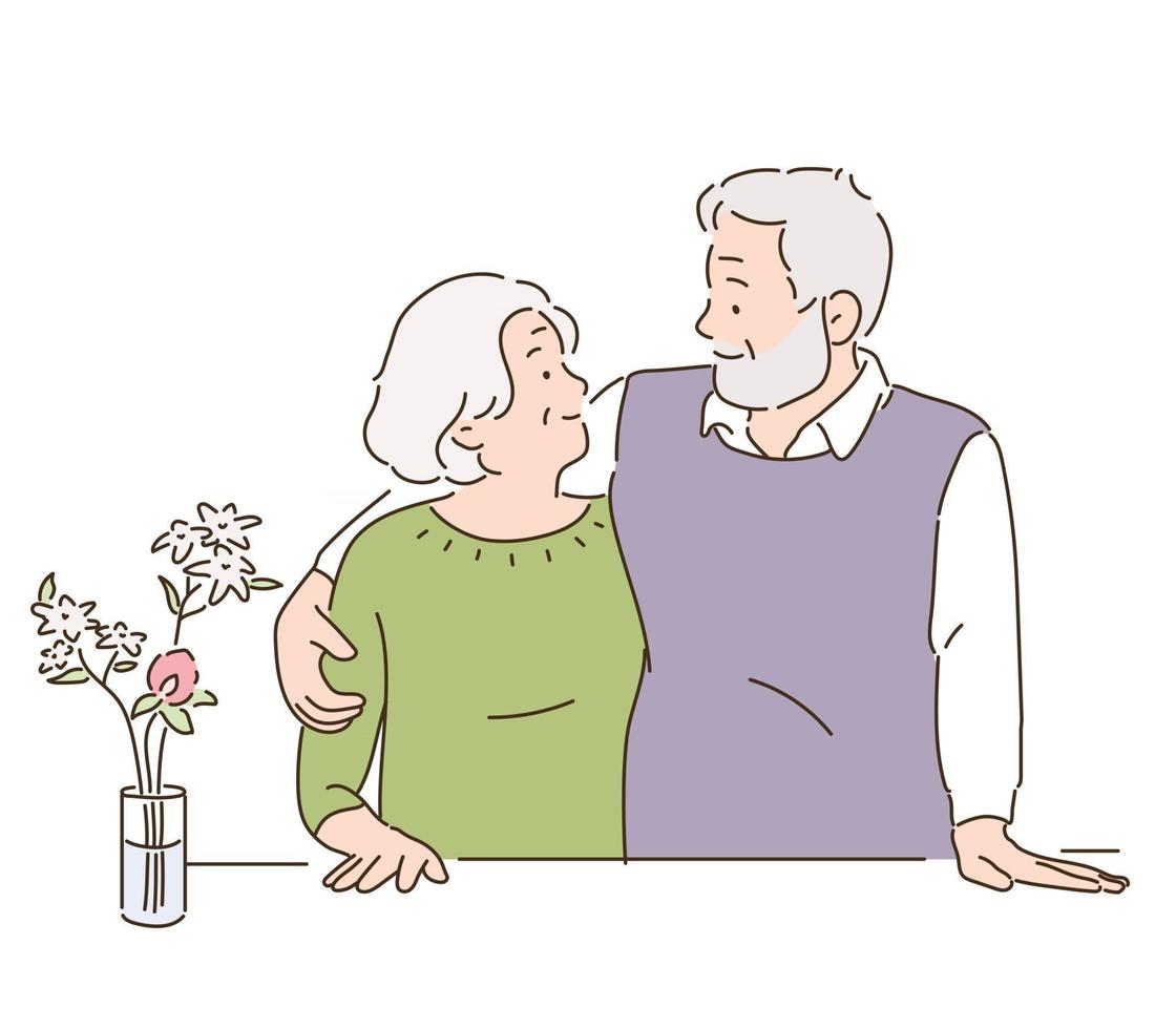 An elderly couple is looking at each other and smiling. hand drawn style vector design illustrations.