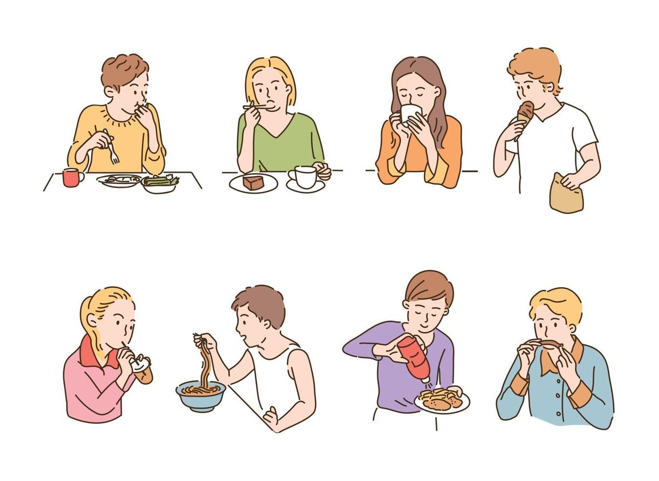 People are eating different foods. hand drawn style vector design illustrations.