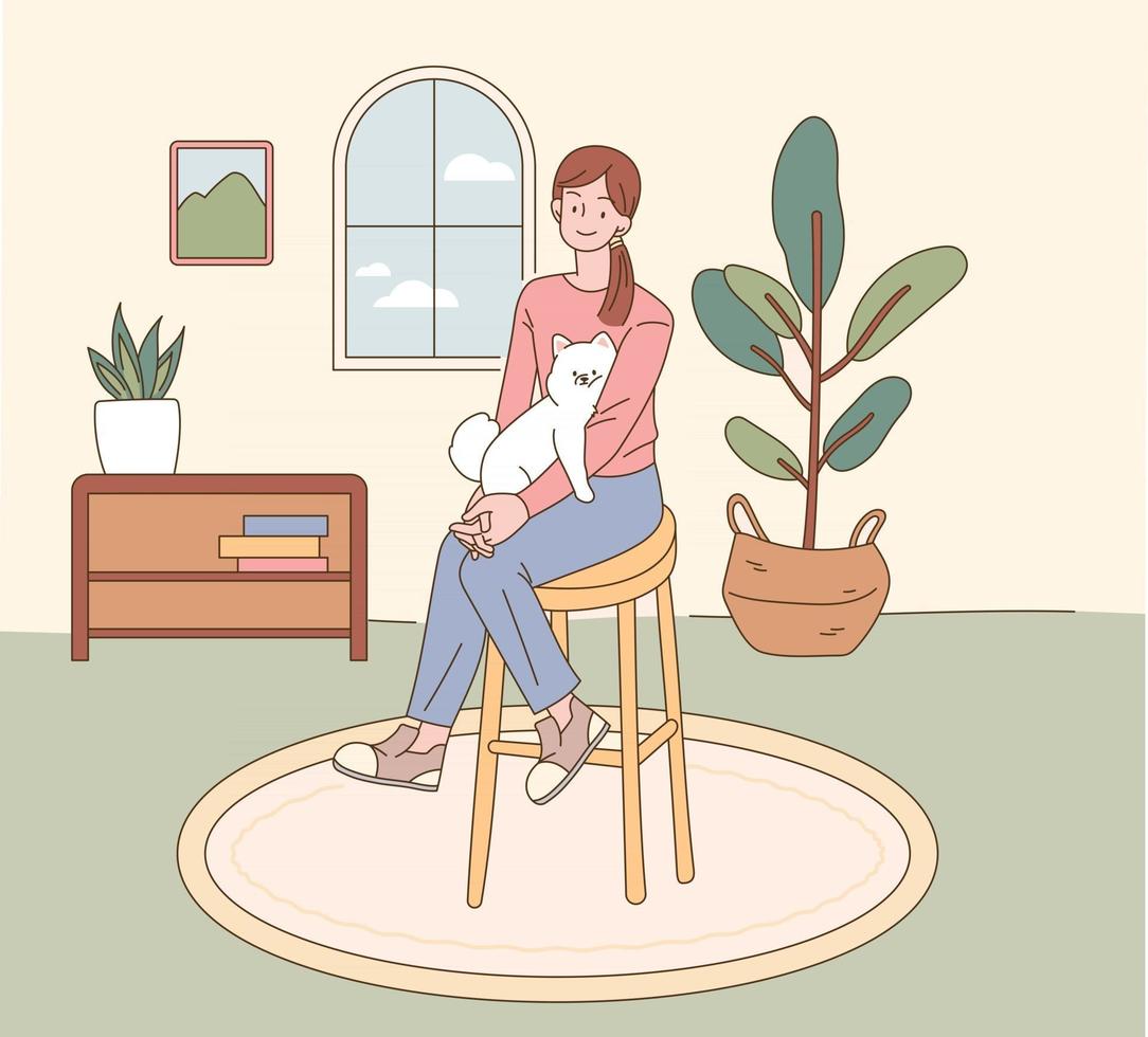 una mujer está sentada en una silla con un pequeño cachorro. fondo interior de la casa. Ilustración de vector mínimo de estilo de diseño plano.