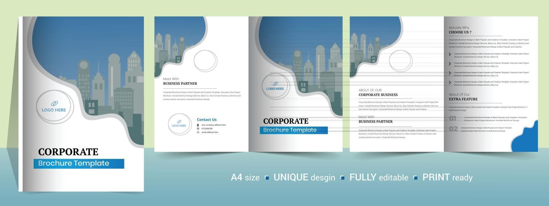 plantilla de folleto corporativo bi-fold, catálogo, plantilla de folleto y totalmente editable. vector