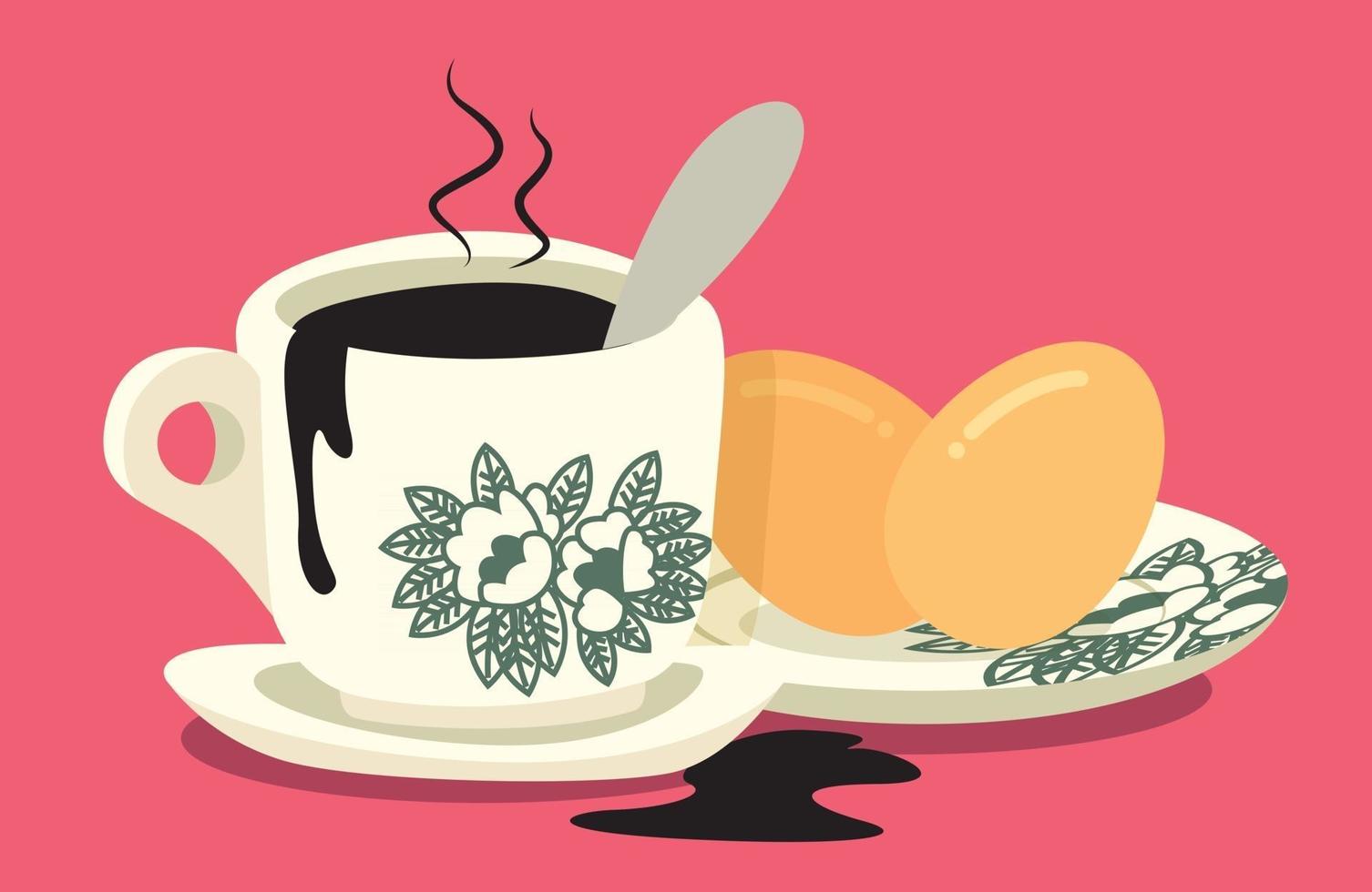 Breakfast set. Traditional oriental style coffee with half boiled eggs set on pink colour background vector