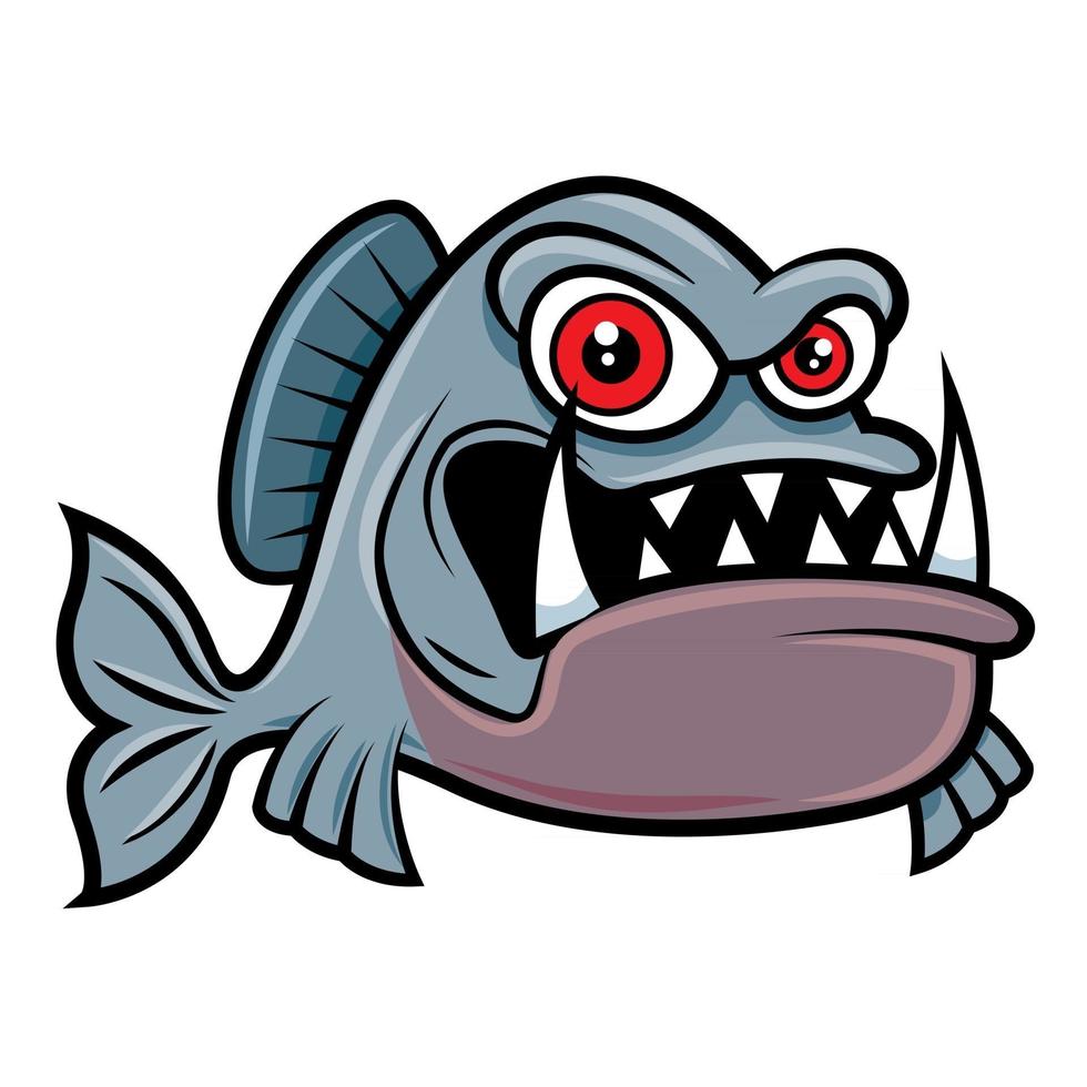 Cartoon angry piranha fish character with big red eyes vector