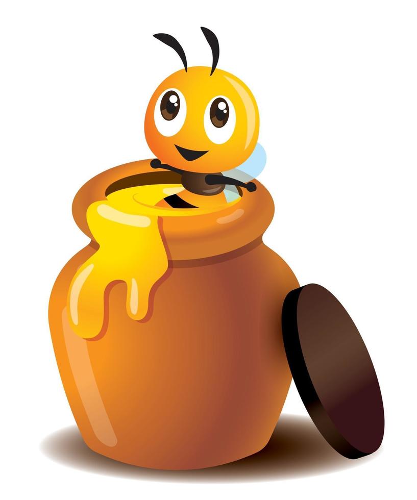 Cartoon cute bee enjoy soaking in a honey pot with fresh honey dripping out from pot vector