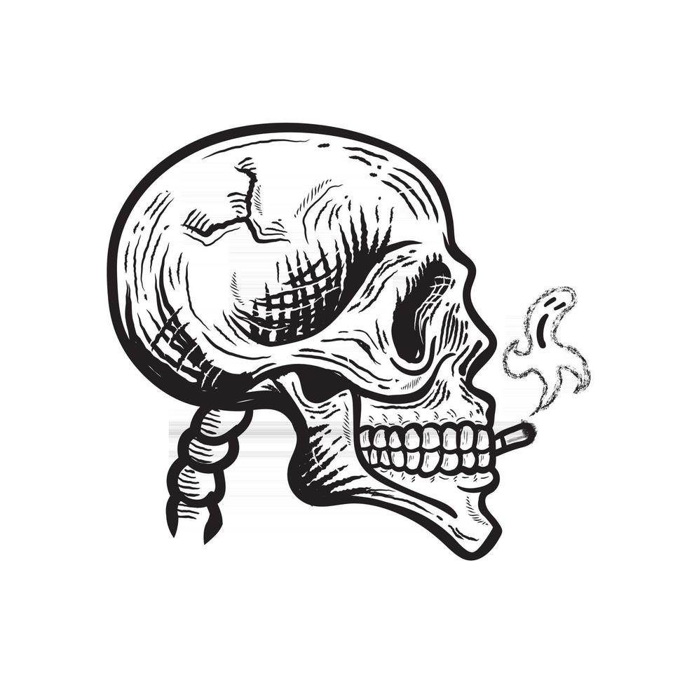 Skull smoking. with ghost smoke. Vector Isolated. Monochrome illustration of skull