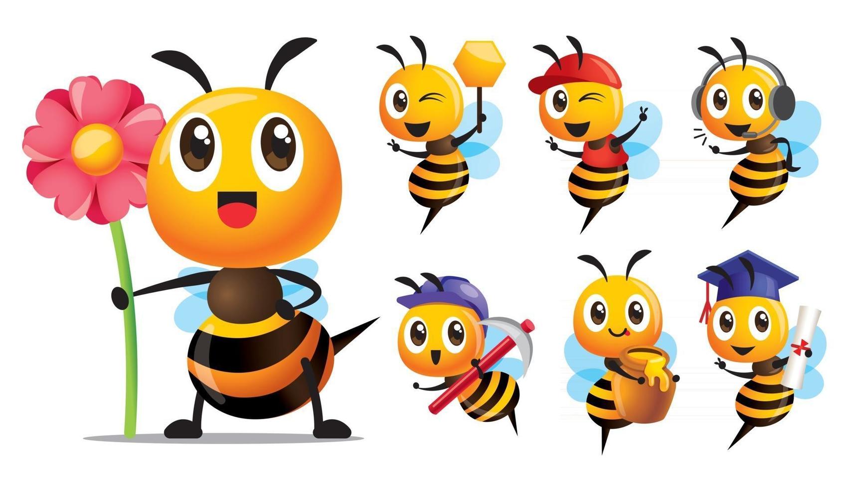 Cartoon cute bee character series with different type of poses. Cute Bee holding flower, holding honey cell, wearing headset, carrying hoe, carrying honey pot and education vector