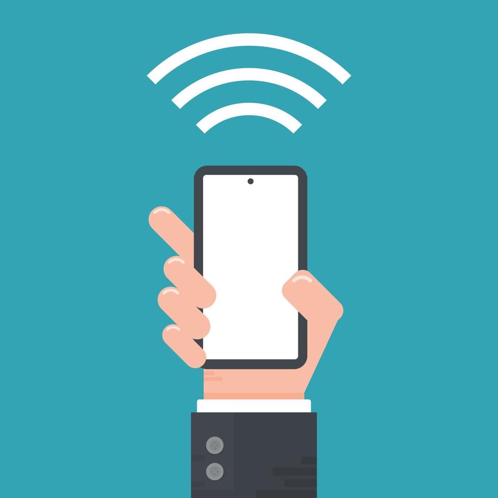 Hand Holding Mobile Phone. Wifi Signal Concept. Vector illustration