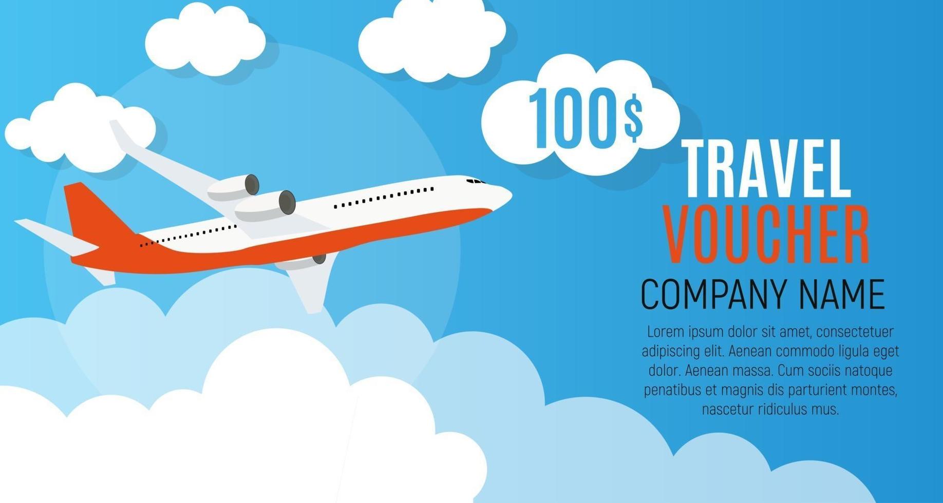 Travel Voucher 100 Dollar Template Background with Airplane. Vector Illustration