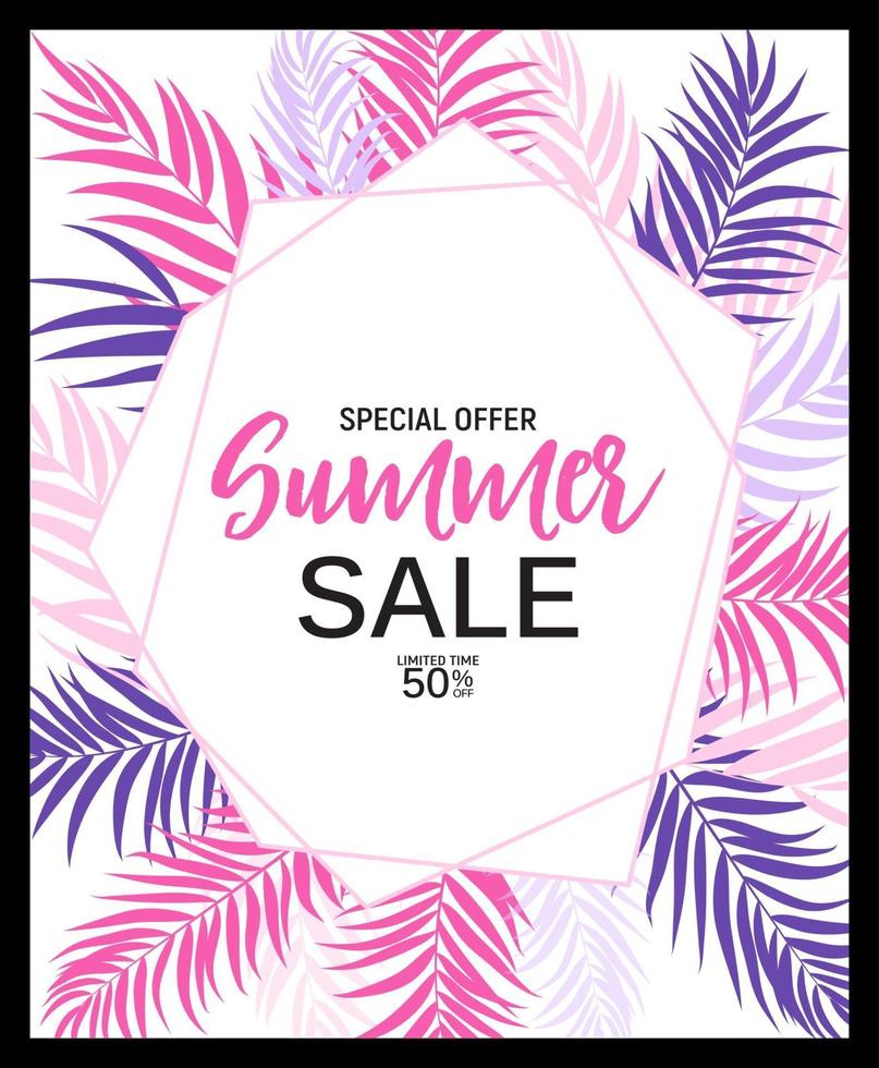 Abstract Summer Sale Background with palm leaves. Vector Illustration