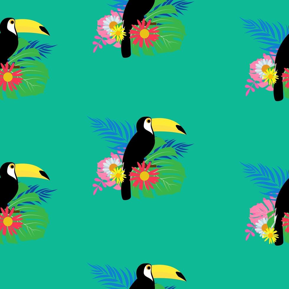Tropic Toucan bird and palm leaf seamless pattern background design. Vector Illustration