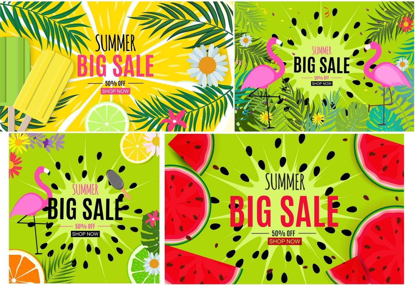 Abstract Summer Sale Background with Palm Leaves and Flamingo Template Collection Set. Vector Illustration