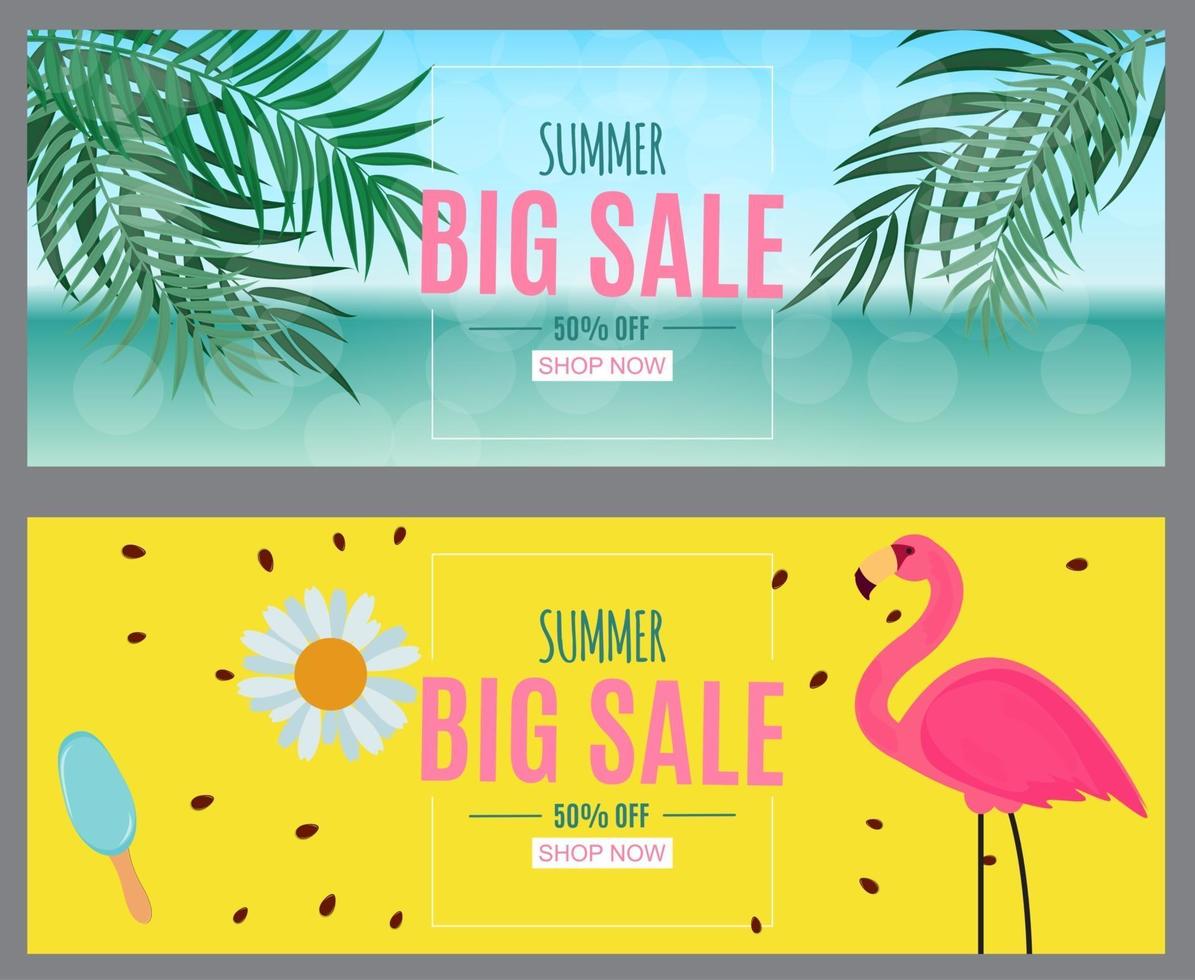 Abstract Summer Sale Background with Palm Leaves and Flamingo. Vector Illustration