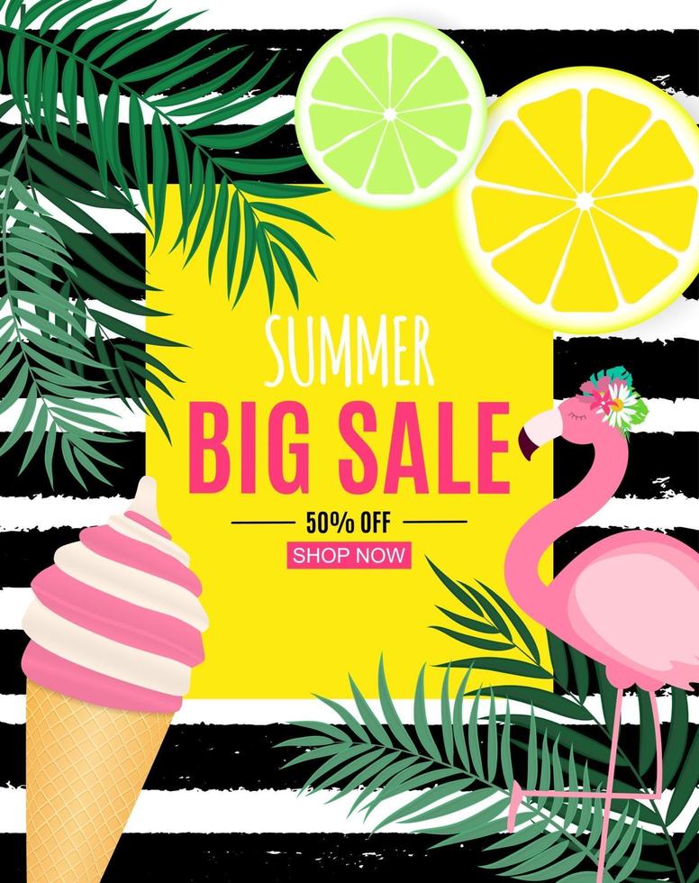 Abstract Summer Sale Background with Palm Leaves, flamingo and Ice Cream. Vector Illustration