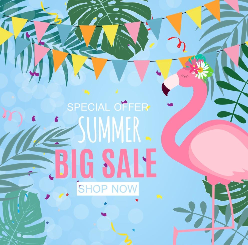 Abstract Summer Sale Background with Flamingo and Palm Leaves. Vector Illustration