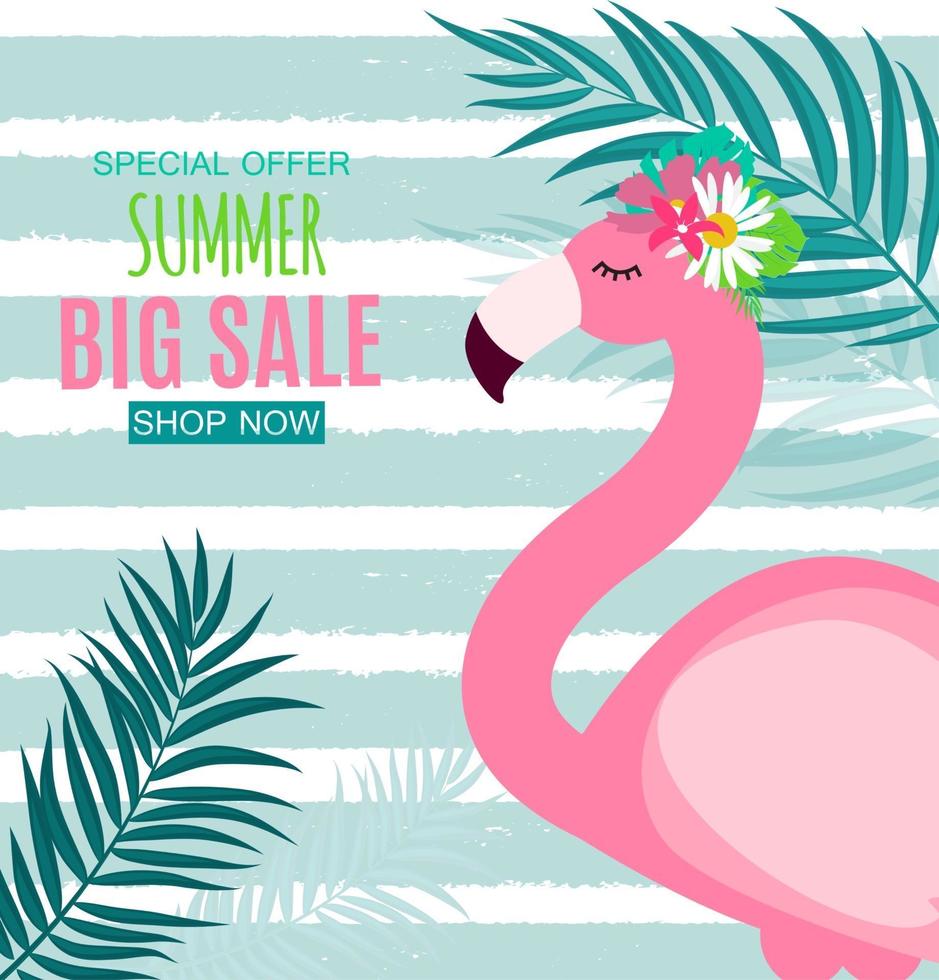 Fondo de venta de verano abstracto con flamingo y hojas de palma. ilustración vectorial vector