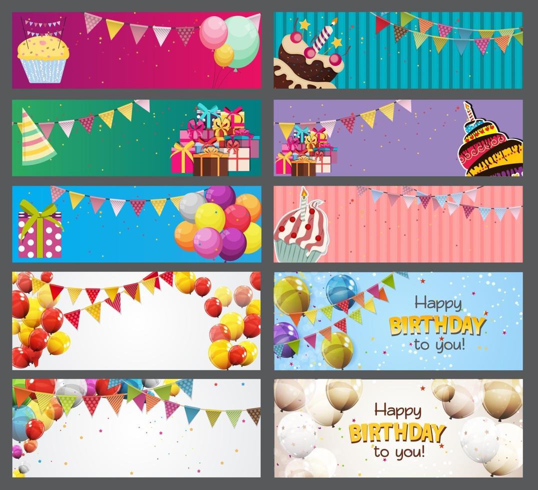 Party Background Baner with Flags and Cakes Collection Set Vector Illustration
