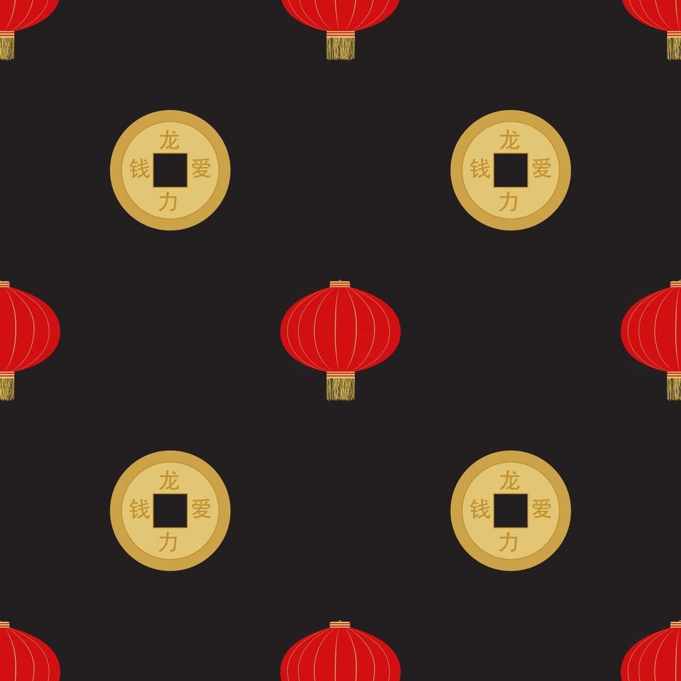 Flat red hanging Chinese lantern with golden coin seamless pattern background for Chinese New Year celebration. Vector Illustration EPS10