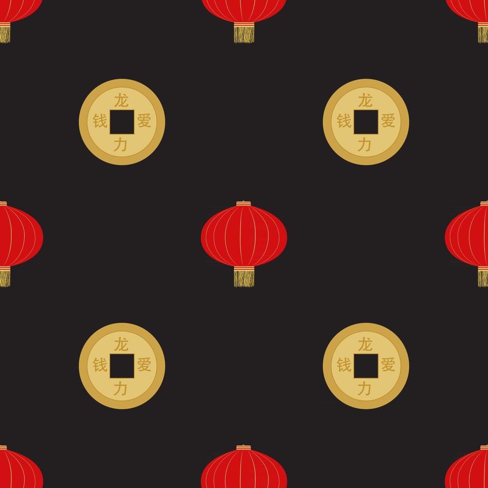 Flat red hanging Chinese lantern with golden coin seamless pattern background for Chinese New Year celebration. Vector Illustration EPS10