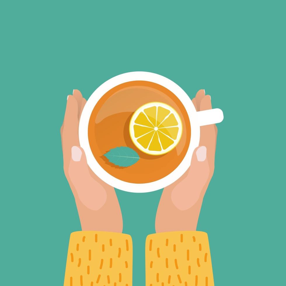 mano con taza de té diseño plano ilustración vectorial vector