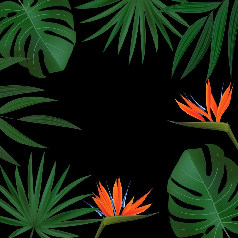 hoja de palma verde realista natural con fondo tropical de flor de strelitzia. ilustración vectorial eps10 vector