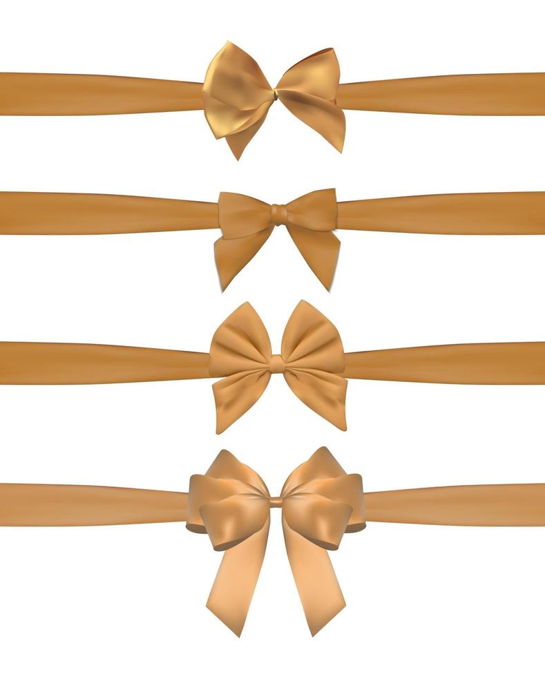 Collection Set of golden bows with horizontal  ribbon isolated on white background. Vector illustration