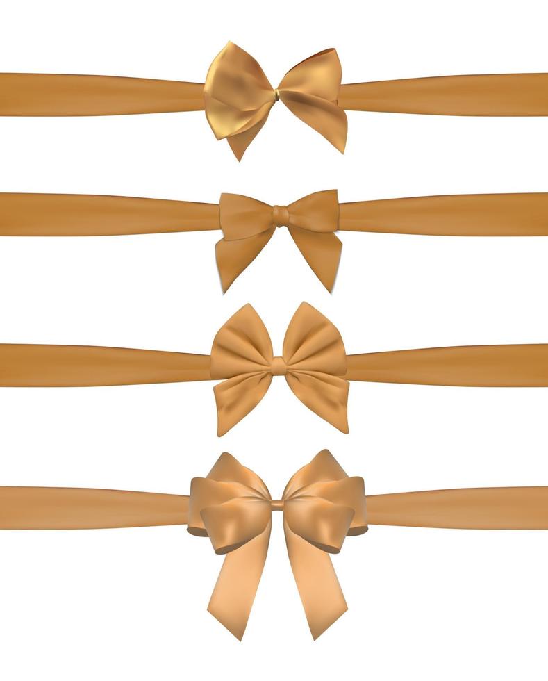 Collection Set of golden bows with horizontal  ribbon isolated on white background. Vector illustration