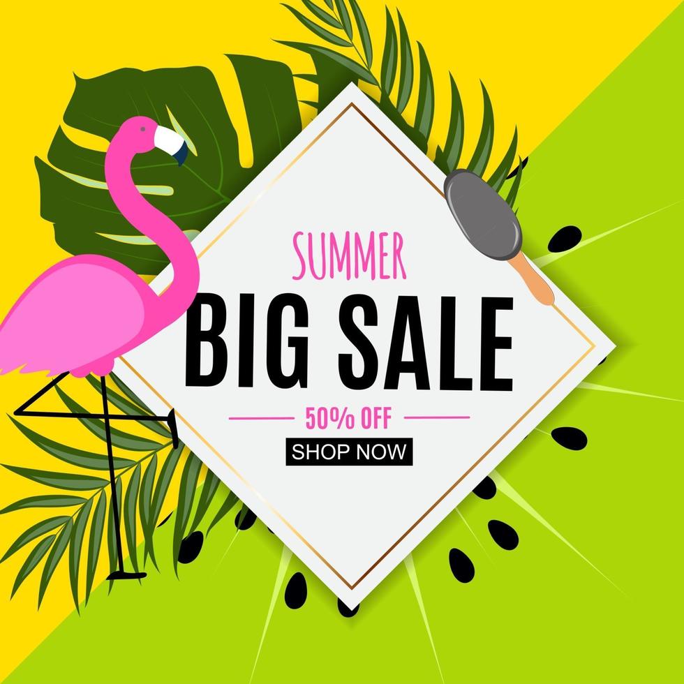 Abstract Summer Sale Background with Palm Leaves and Flamingo. Vector Illustration