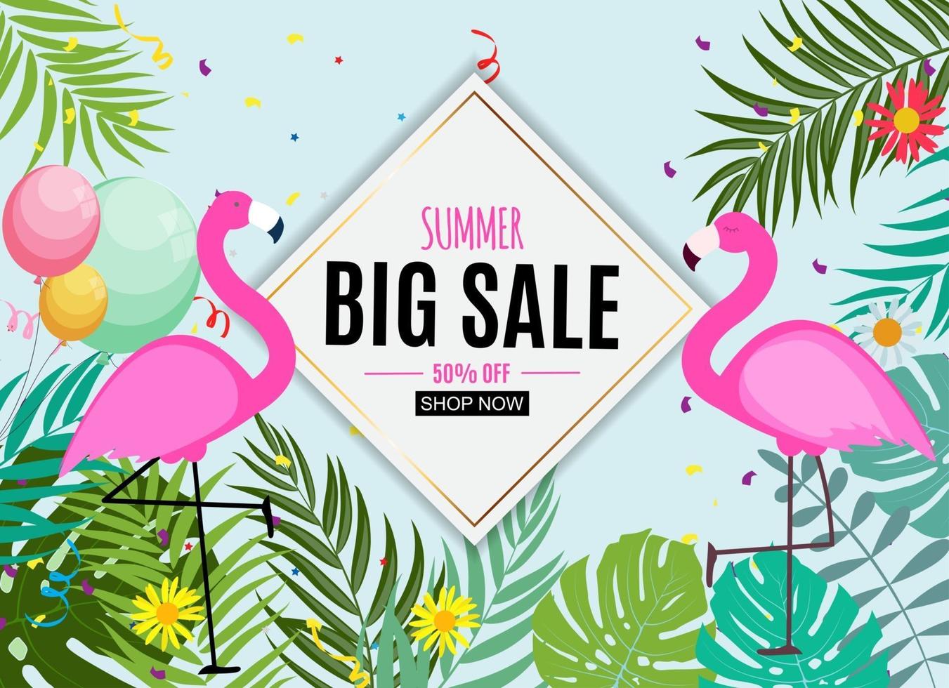 Abstract Summer Sale Background with Palm Leaves and Flamingo. Vector Illustration