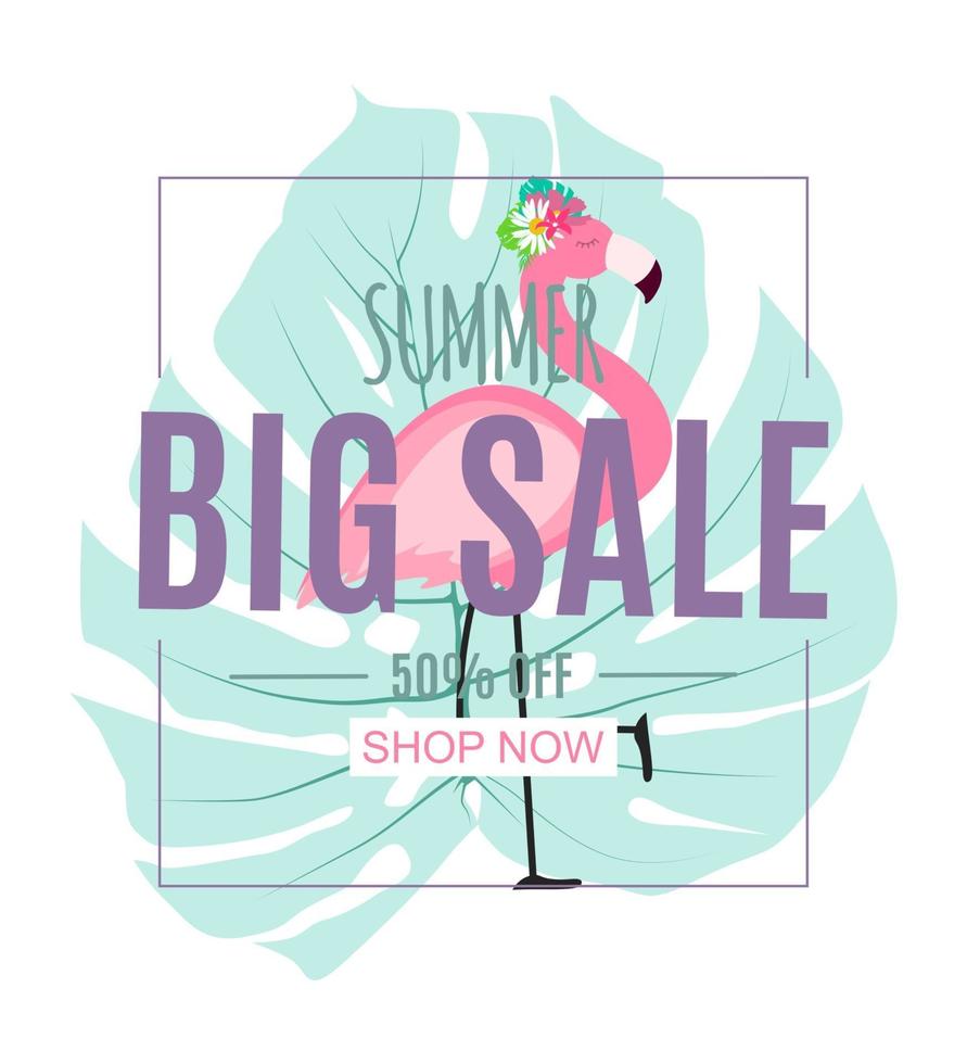 Abstract Summer Sale Background with Palm Leaves and Flamingo. Vector Illustration