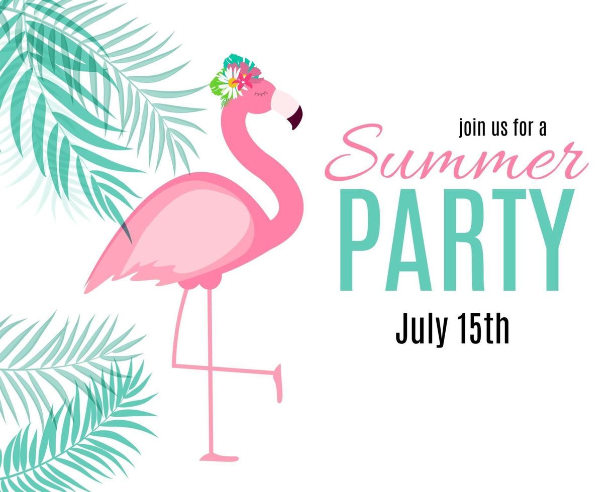 Abstract Summer Party Background with Palm Leaves and Flamingo. Vector Illustration