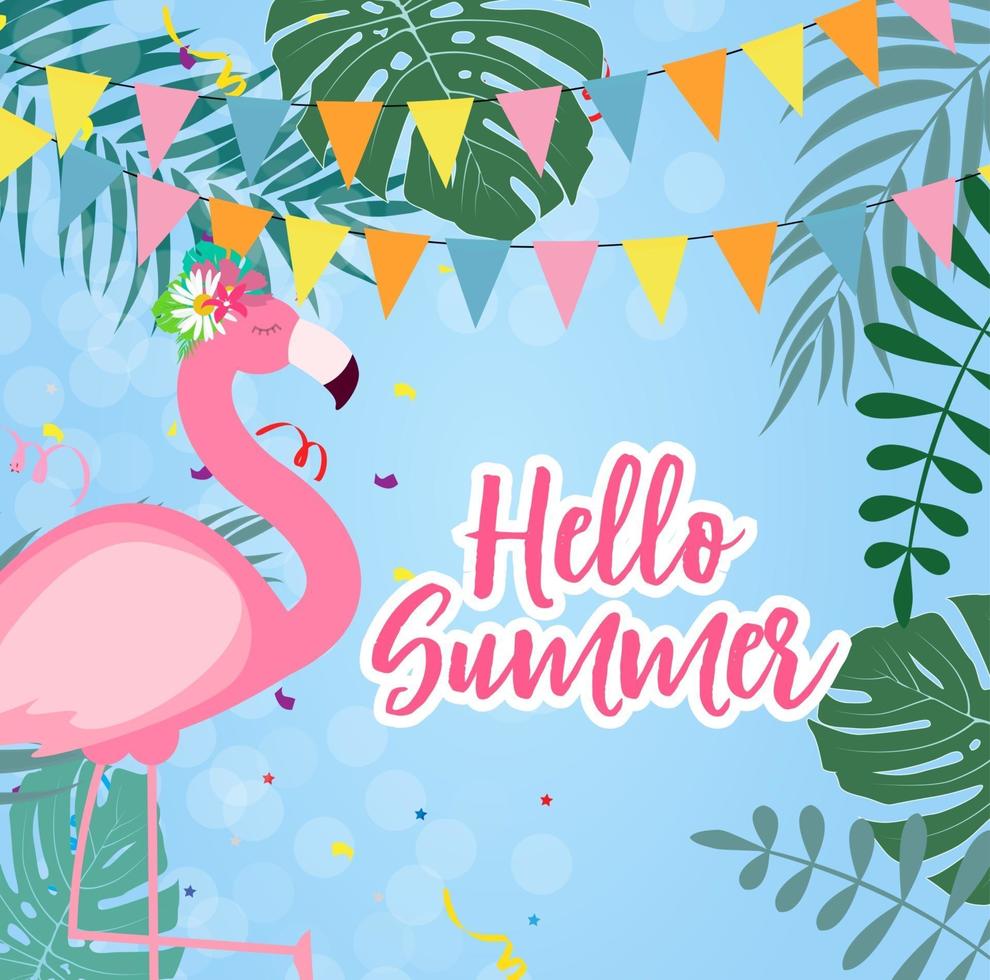 Cute Pink Flamingo Hello Summer Background Vector Illustration