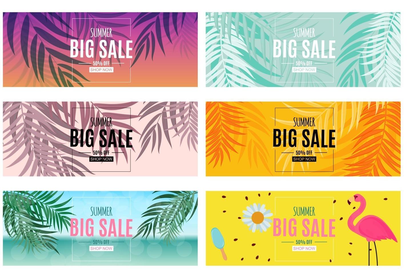 Abstract Summer Sale Background with Palm Leaves and Flamingo Collection Set. Vector Illustration