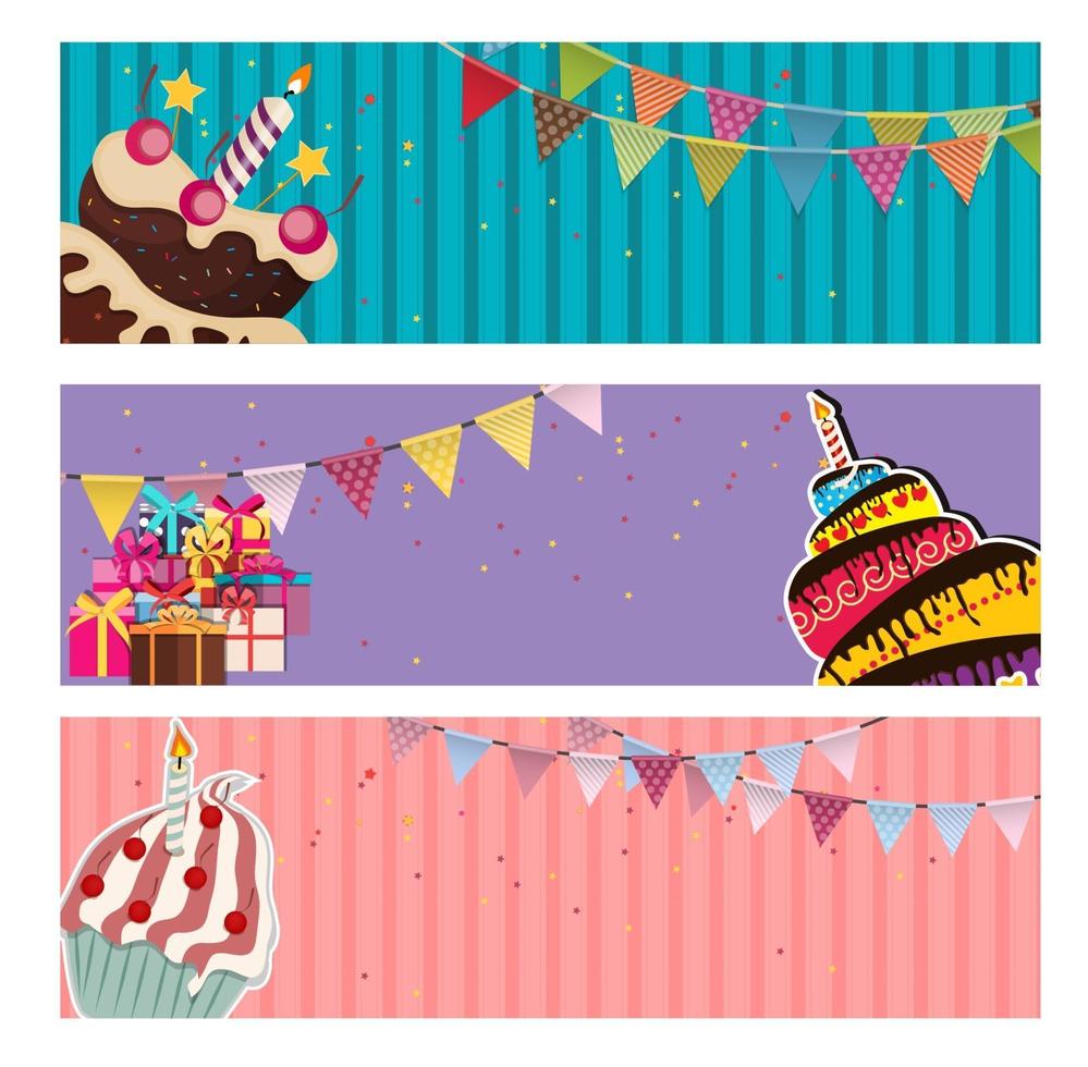 Banner de fondo de fiesta con banderas y pasteles ilustración vectorial vector