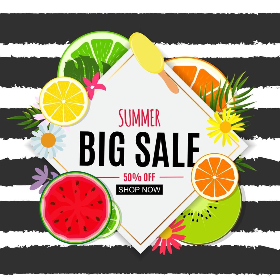Abstract Summer Sale Background with Fresh Fruits. Vector Illustration