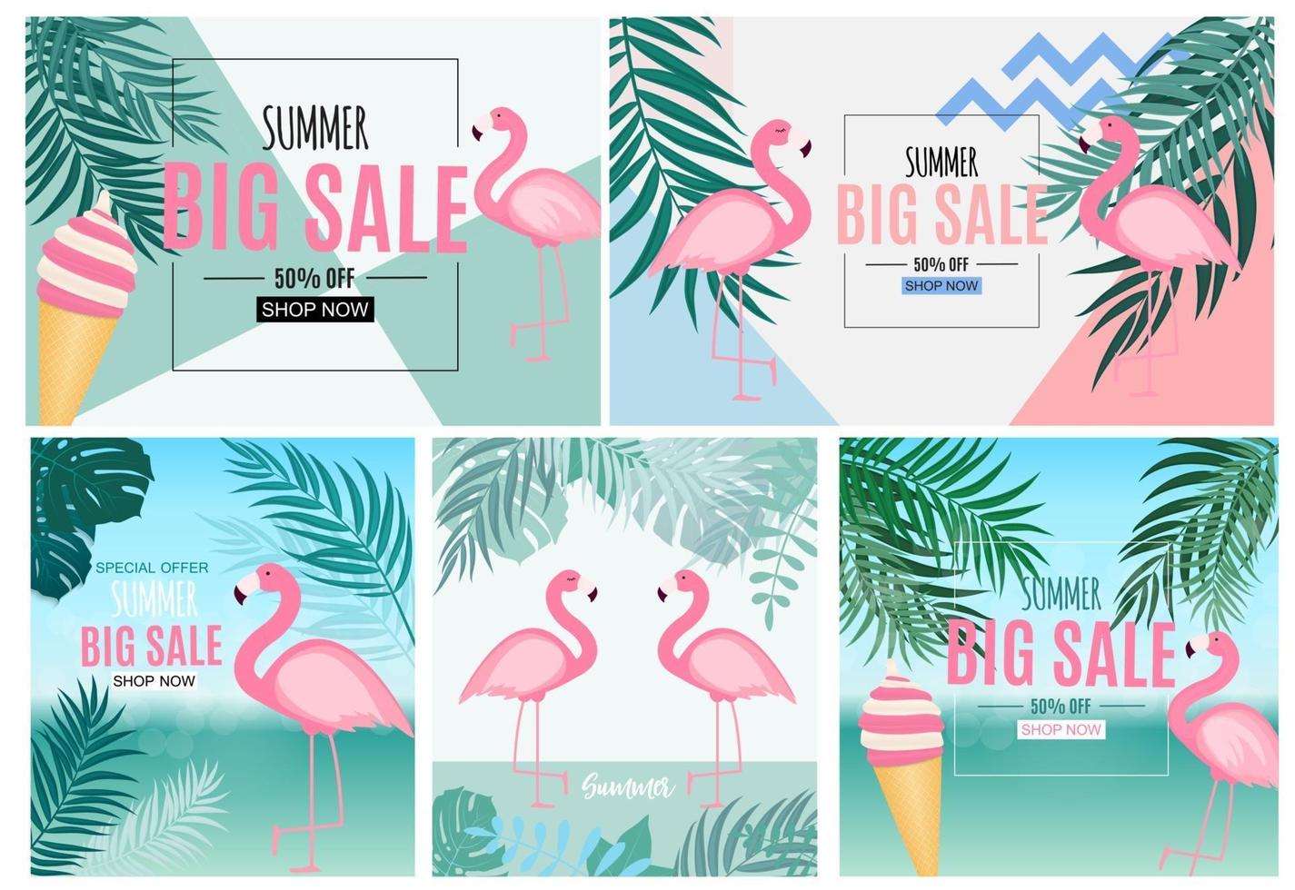 Abstract Summer Sale Background with Palm Leaves and Flamingo. Vector Illustration