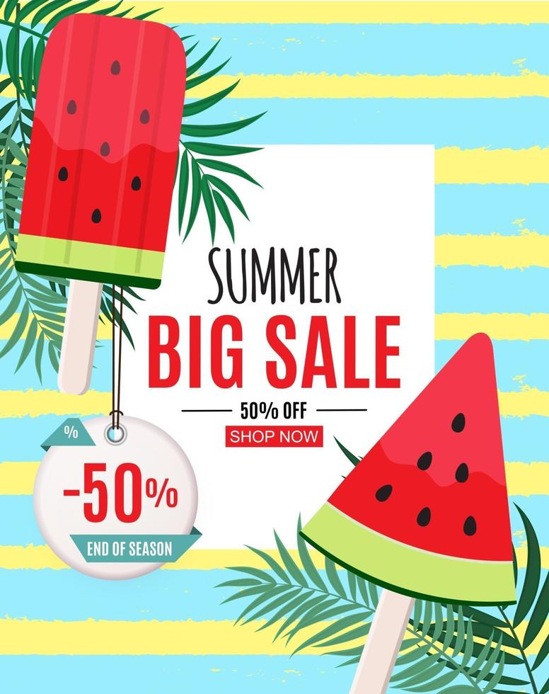 Abstract Summer Sale Background with Watermelon Ice Cream. End of Season. Vector Illustration