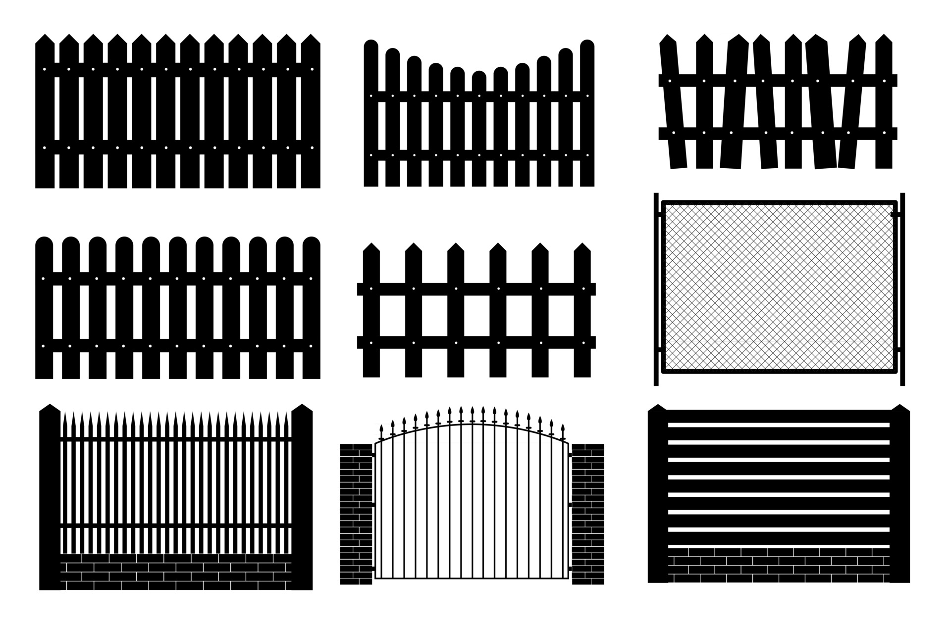 Collection Set of fences, pickets silhouettes for garden background