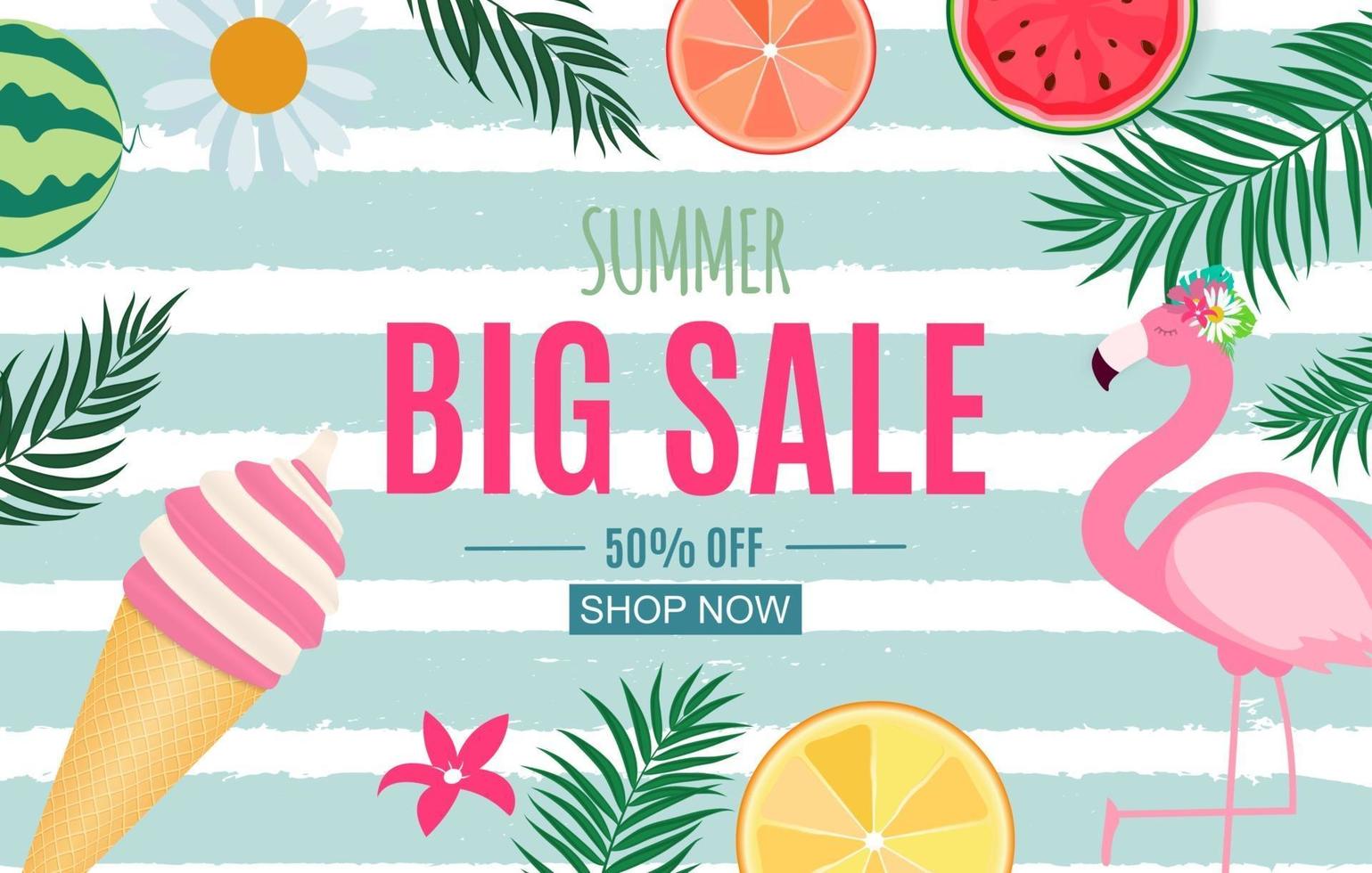 Abstract Summer Sale Background with Palm Leaves, Watermelon, Ice Cream and Flamingo. Vector Illustration