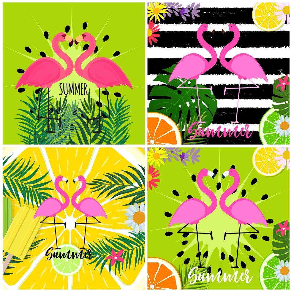 Cute Pink Flamingo Summer Background Collection Set Vector Illustration